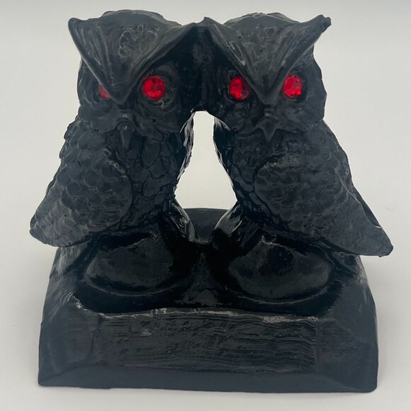 Vintage 1980s Owl Figurines Made of Coal with Red Rhinestone Eyes - Picture 1 of 6